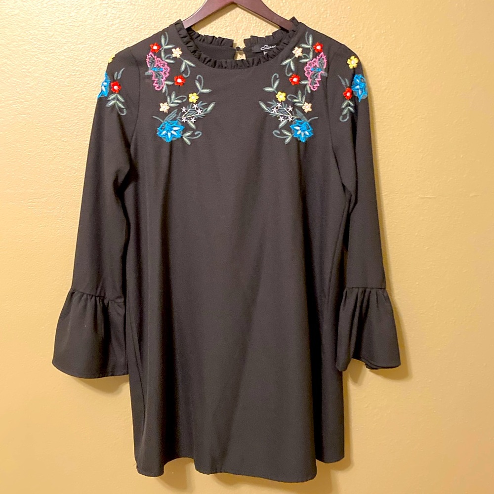 Floral Embroidered Bell Sleeves Mini Dress